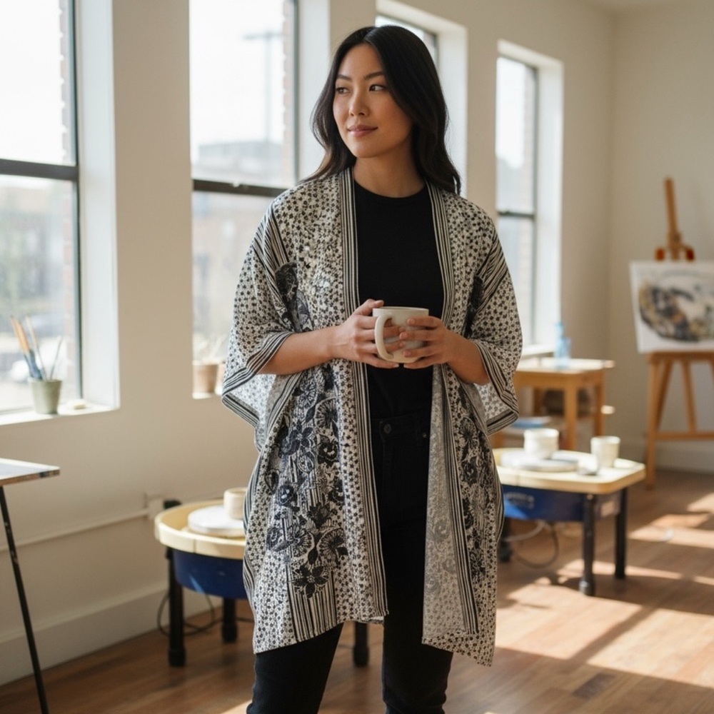 Max Studio Black and Cream Floral Kimono